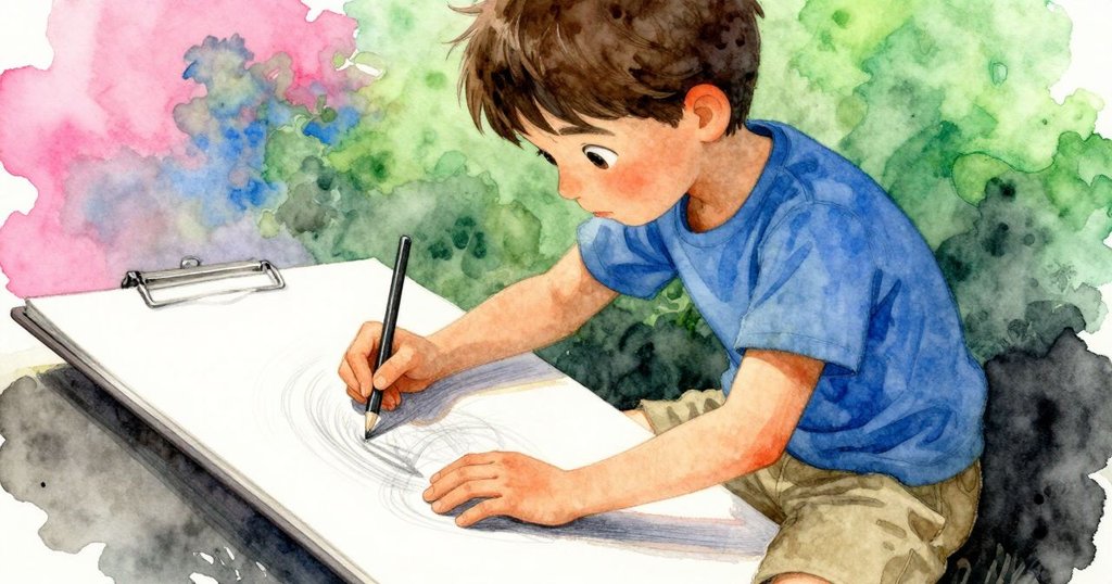 歐文專注於傾斜的素描板上,手部細節清晰,鉛筆線條與水花交錯變形,展現創作中的挑戰。