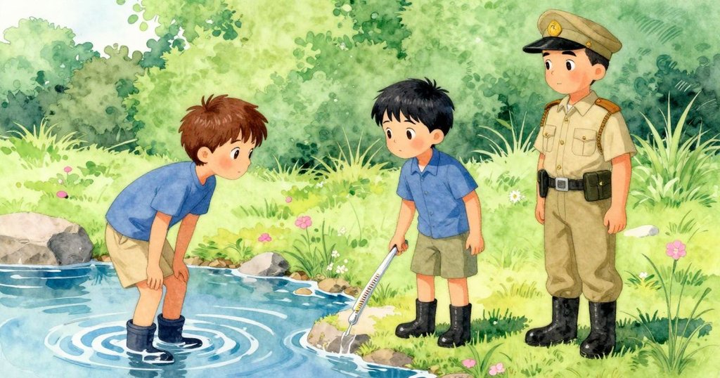 歐文與公園巡守員在室外水流退去的過渡空間停下,巡守員測量溫度,寧靜中展示自然景致。