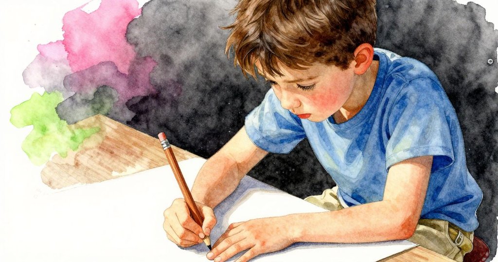 歐文凝視著素描紙,手中的鉛筆迅速滑動,神情專注中透露著內心掙扎與決心,畫面充滿動感。