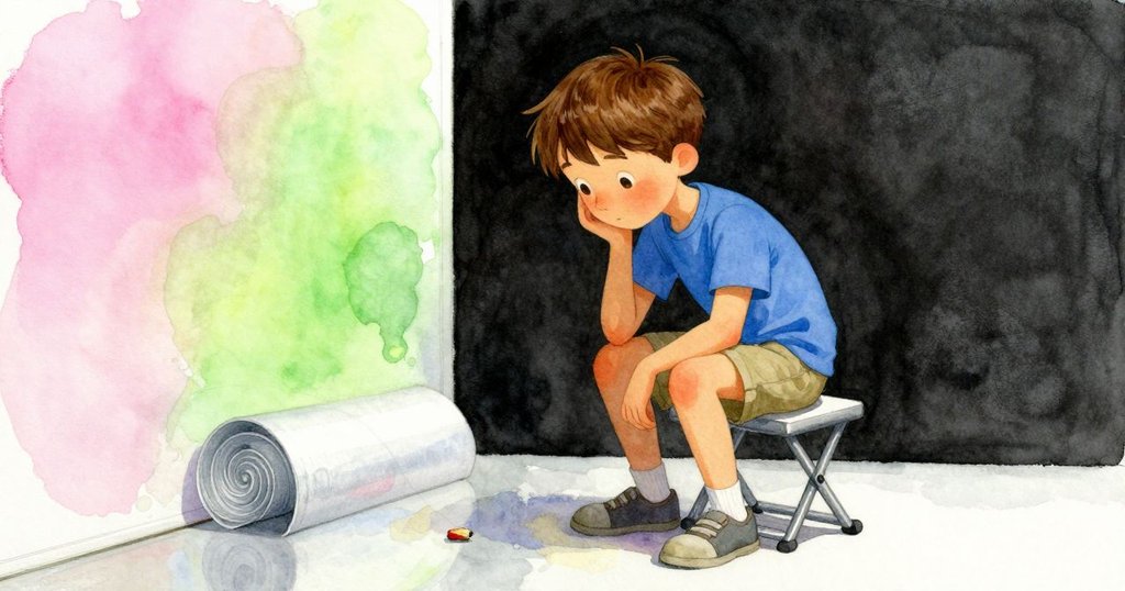 歐文安靜地停下,觀察捲曲的素描本角落及孤零鉛筆,坐姿調整中展現出對創作不完美的接納,畫面溫馨平靜。