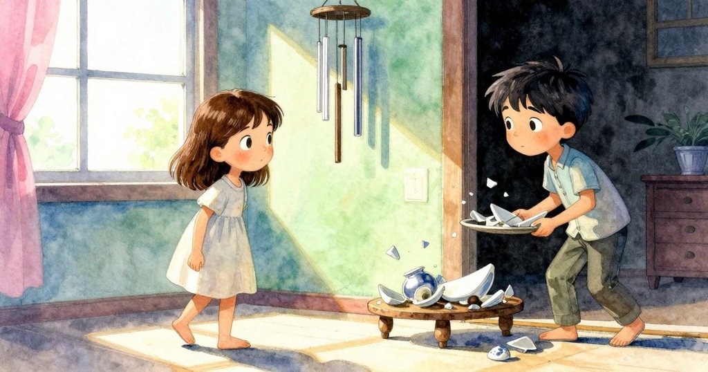 Oona 與 Griffon 踏入晨光中溫馨房間，窗外風鈴輕搖，桌上散落陶瓷碎片，兩人滿懷期待與希望。