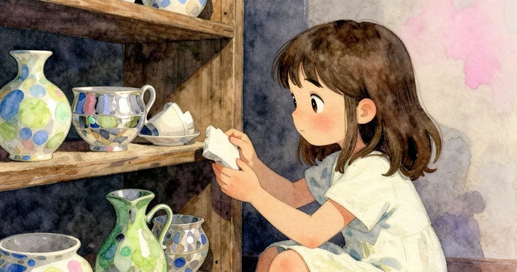 Oona 在房間隅角秘密小架旁細察陶瓷碎片，柔光中顯現探索與靜謐心情，充滿細膩好奇。