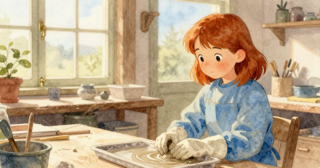 倫娜於工作室中，手伸向沉默的泥盤，晨光柔和，場景隱約展現神秘細節