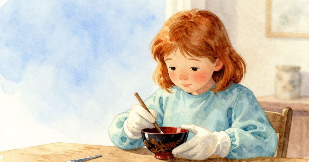 倫娜在溫柔北光下檢視漆碗，手持畫筆，神情專注，室內工作室透露溫暖氣氛