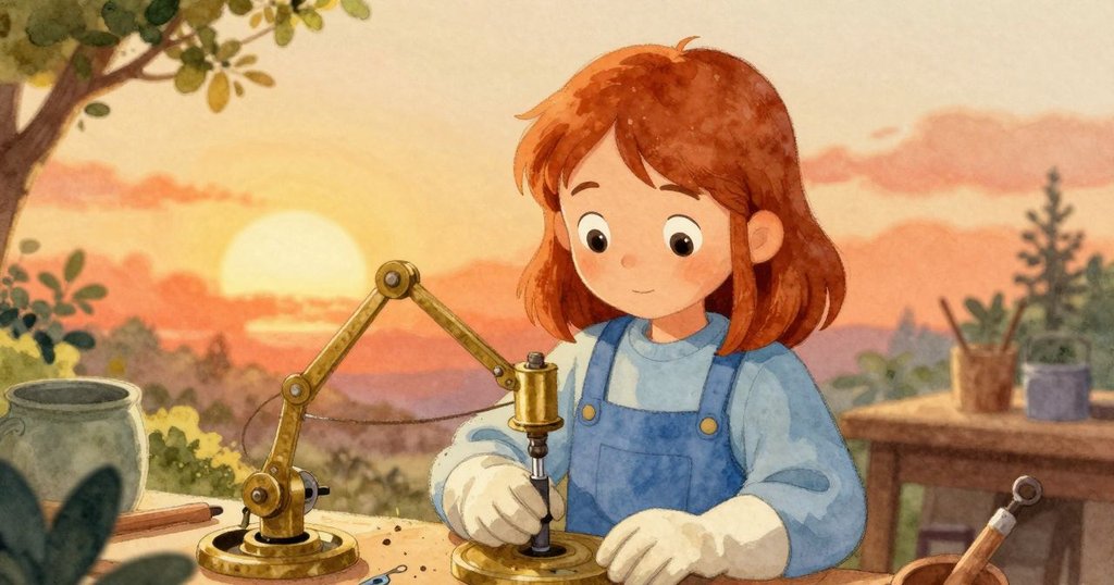 從高處俯瞰，倫娜觀察黃銅部件微動，工作台輕轉，夕陽餘暉映出細膩機械美感