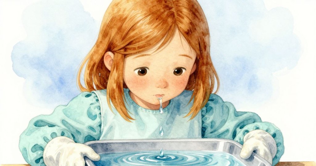 近距離拍攝落下的水滴觸及泥盤水面，柔光中水紋輕漣，展現工坊秘密節奏