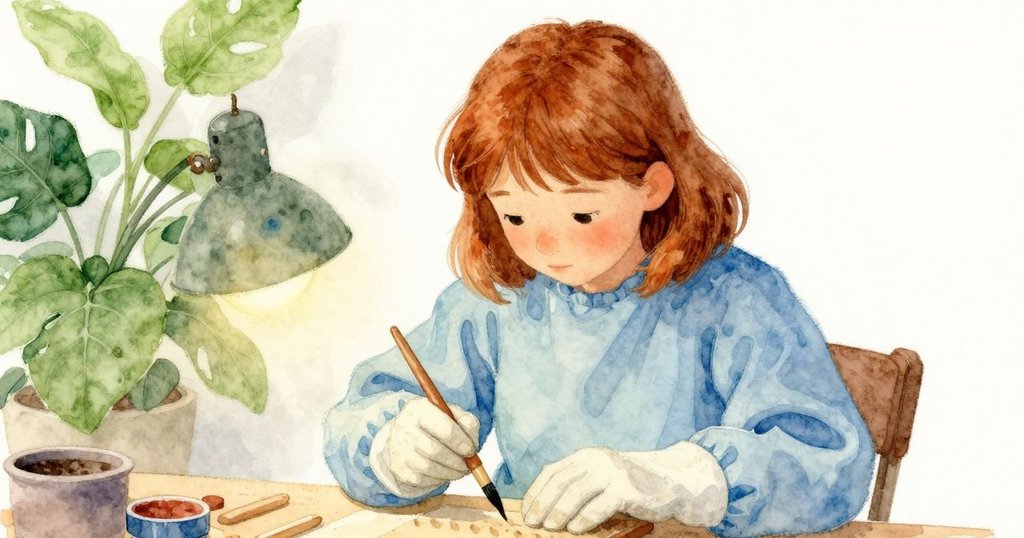 倫娜專注輕觸作品表面新現細脊，畫筆與棉墊相伴，燈光柔和映出工藝細節