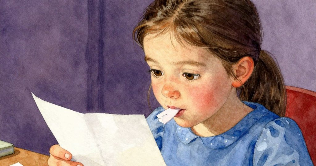 帕洛瑪特寫她的手指輕觸紙張，呈現紙面細節與折痕，氛圍靜謐專注