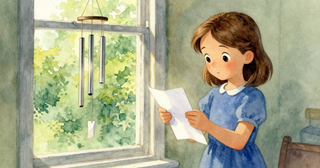 帕洛瑪正折疊紙張，窗外風鈴輕輕搖曳，她神情專注與略帶分心，呈現溫暖寧靜氛圍
