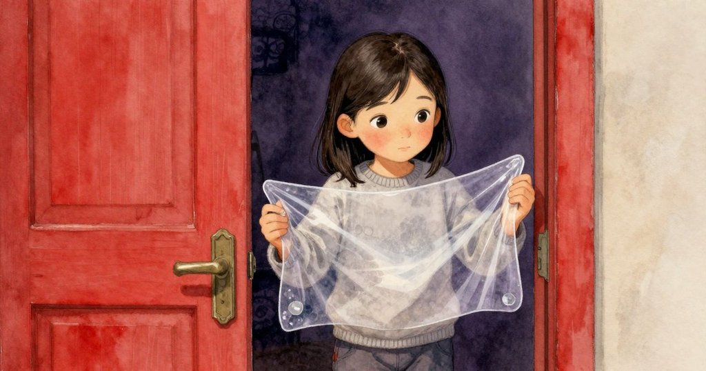 莉娜從半掩的門內走出，手持透明紙張與石英珠，靜謐室內光影交錯，神情溫柔平靜