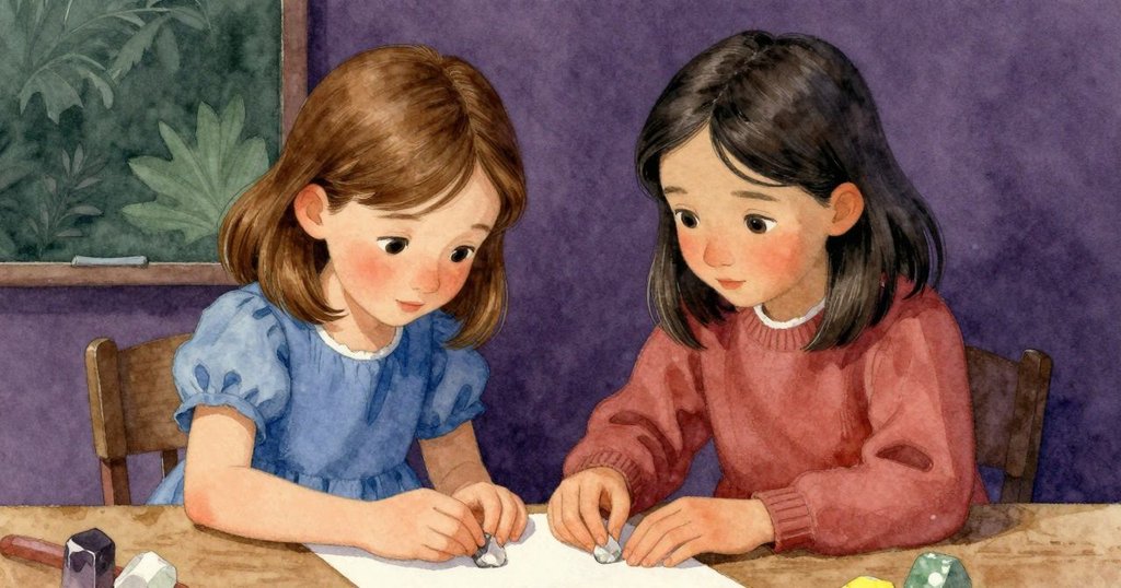 帕洛瑪和莉娜在桌前合作，用石英珠按壓紙張，動作協調表現團隊精神，柔和燈光映襯出安靜圓滿的氣氛