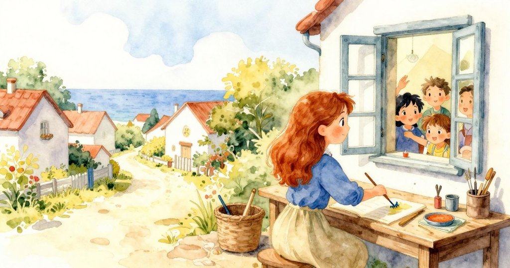 工作室內，女子忙碌操作，窗外聚集村民歡唱，溫暖陽光灑落，情境熱鬧而親切