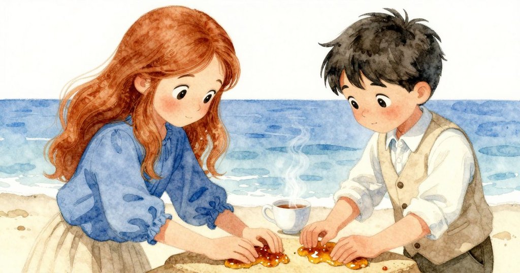 透過女子視角見其手輕拭砂紙於琥珀表面，樹脂緩緩溢出，茶杯蒸汽繚繞，環境祥和精緻