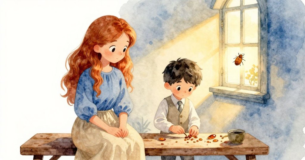 黃昏時分，長影覆蓋工作台上陳列的琥珀，其中帶有甲蟲透窗的琥珀獨放光芒，象徵時光流轉與成功