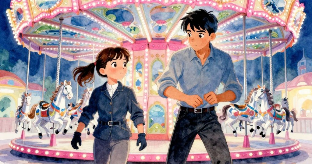 娜迪亞騎在閃耀霓虹粉與電藍光芒的旋轉木馬上，充滿自信和期待，展現冒險開始的場景