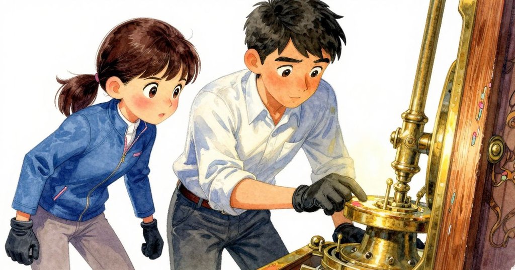 娜迪亞戴著手套，正伸手觸碰旋轉木馬上精緻的黃銅機械部件，展示細膩質感與動感