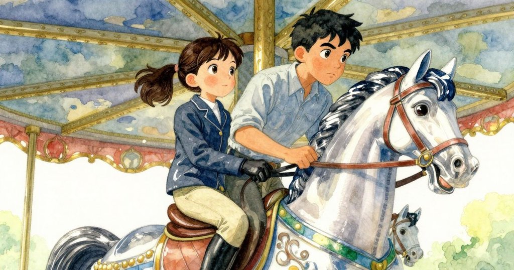 從低角度看，娜迪亞騎著木馬向上揚起，臉上展現出堅定表情，背景呈現曲線天篷與燦爛光影