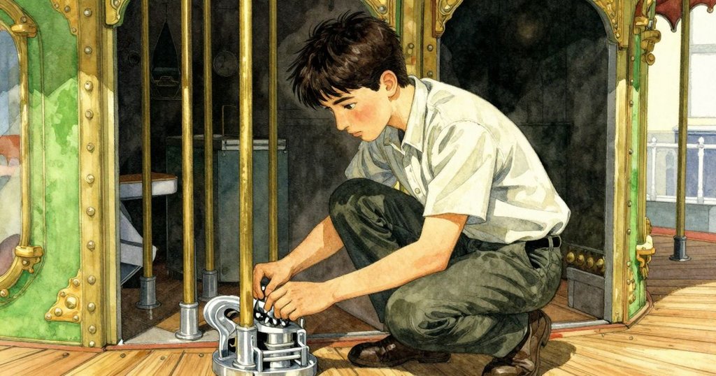 在旋轉木馬下隱藏機械室中，沃倫蹲著仔細調整鋼圓片，環境充滿黃銅桿與松木紋理，充滿專注氣氛