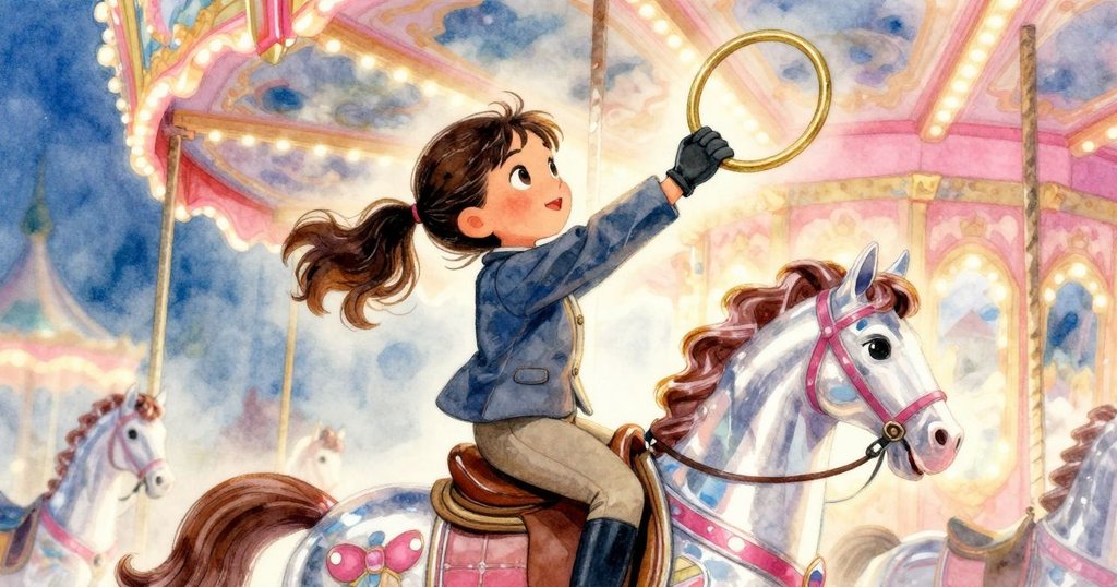 娜迪亞在旋轉中扭轉身軀追逐空中飄落的黃銅環，臉上流露驚喜神情，動態場景充滿光影變化