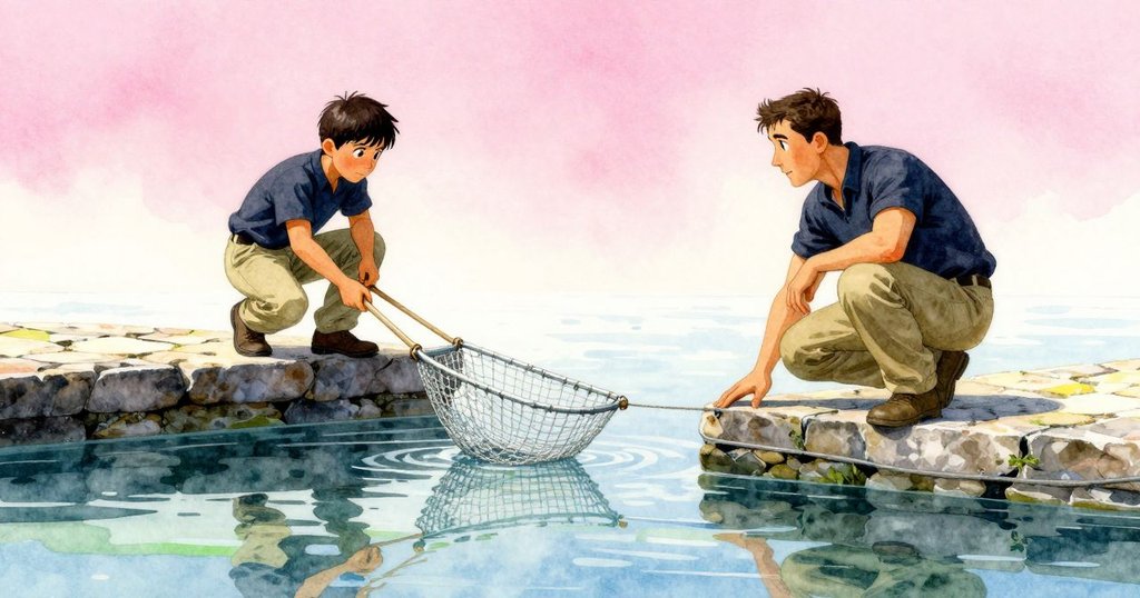 Erik在石頭碼頭仔細觀察懸掛的網，水面反射映出他的身影，空氣中帶著柔和晨光，專注且平靜