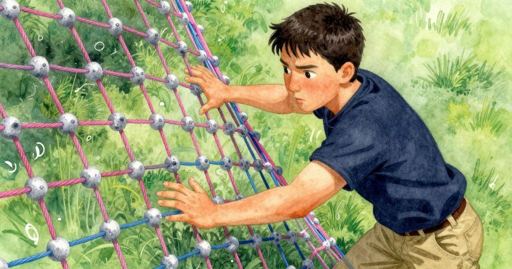 Erik專注於網繩，手指輕觸節點，灰色鹽結與柔軟淡結明顯對比，陽光下細節豐富