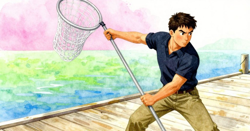 Erik運用量尺輕提網面，網繩隨重力優雅垂落，角度傾斜呈現空間層次，陽光灑落呈現微妙光影