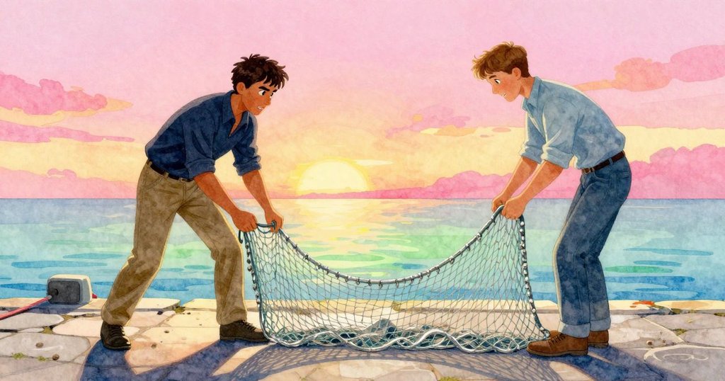 Erik與Archie在夕陽下合作修繕網繩，石頭碼頭與木柱背景映出溫暖光影，二人專注而默契