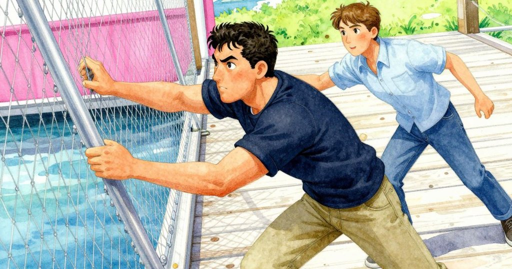 風起時，Erik迅速調整網繩，Archie沿碼頭移動，畫面動感十足，展現瞬間急迫與細緻專注