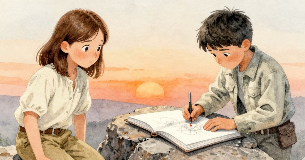 Zadie的速寫本展現岩層素描，鷸鳥輕觸頁面留下一抹橙色痕跡，細節清晰、充滿動感