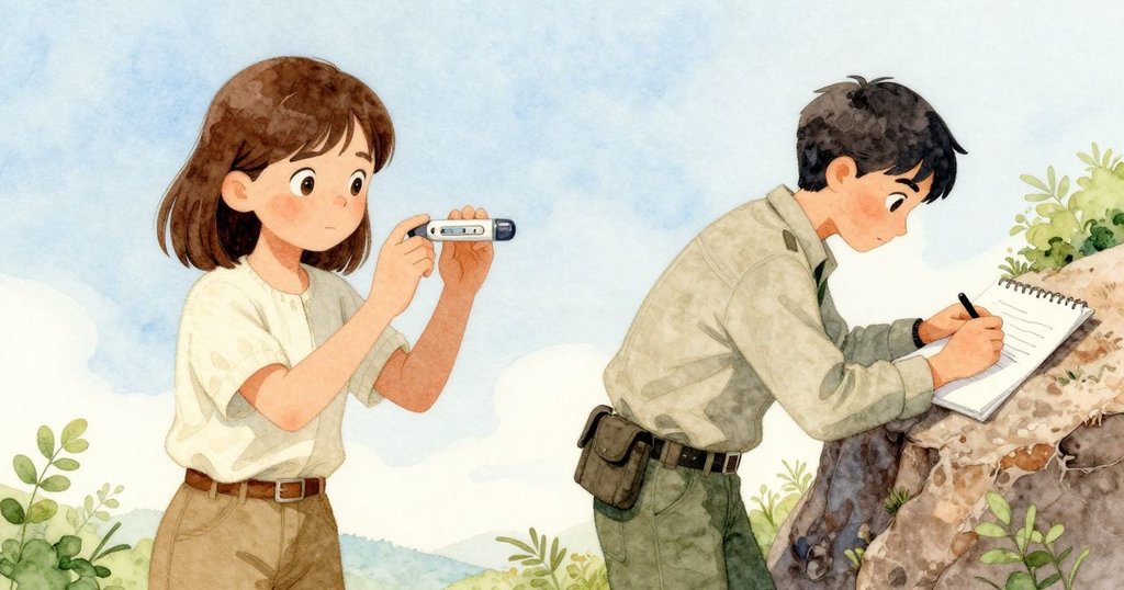 畫面分割展現護林員量溫和Zadie速寫的同步動作，營造出人與自然協調節奏的瞬間