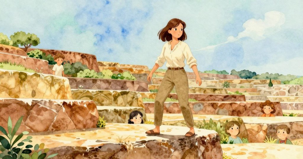 Zadie踏上展現冬夏交融色調的石階，背景為層層疊疊的天然露台和溫暖晨光，充滿歷史韻味