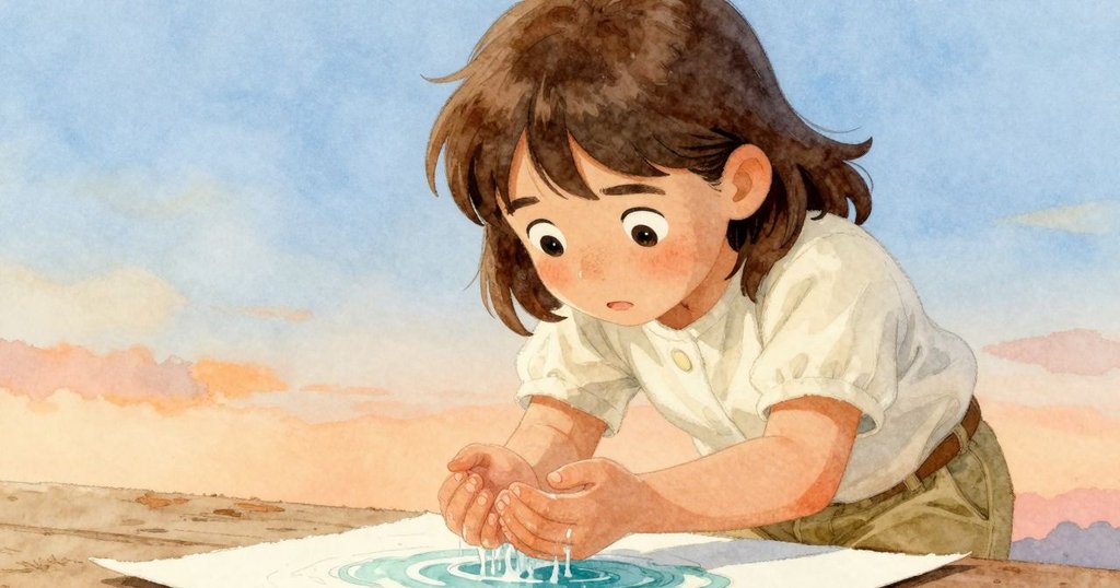 Zadie專注地用雙手捧起池水清洗速寫本角落，臉上流露出堅定與溫柔，捕捉到精緻瞬間