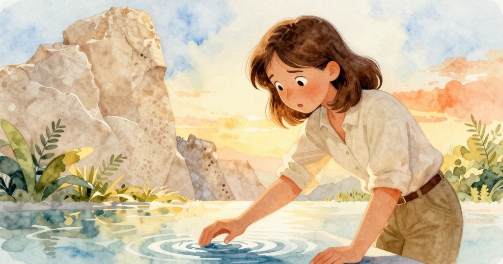 Zadie在柔和陽光下關閉速寫本，臉上流露出寧靜，手觸水面引起微微漣漪，傳達美好結局