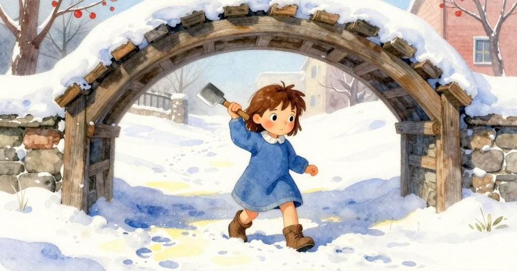 普魯走進雪地庭院，腳印清晰，拱形木門框映襯冰雕和射入的微光，臉上帶著期待。