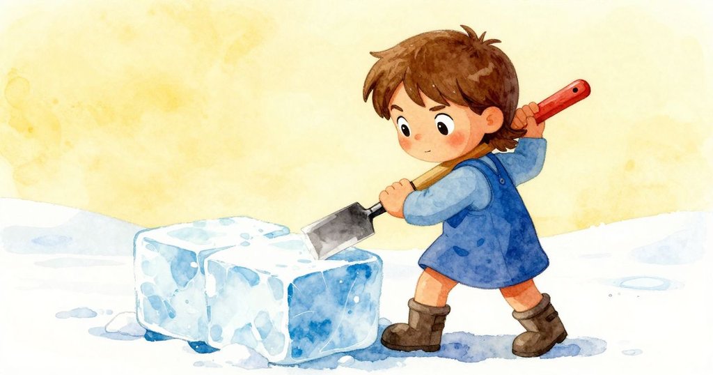 普魯仔細檢查冰塊上的刻痕，手持鑿子，專注而好奇，室外平台與光線呈現微妙變化。