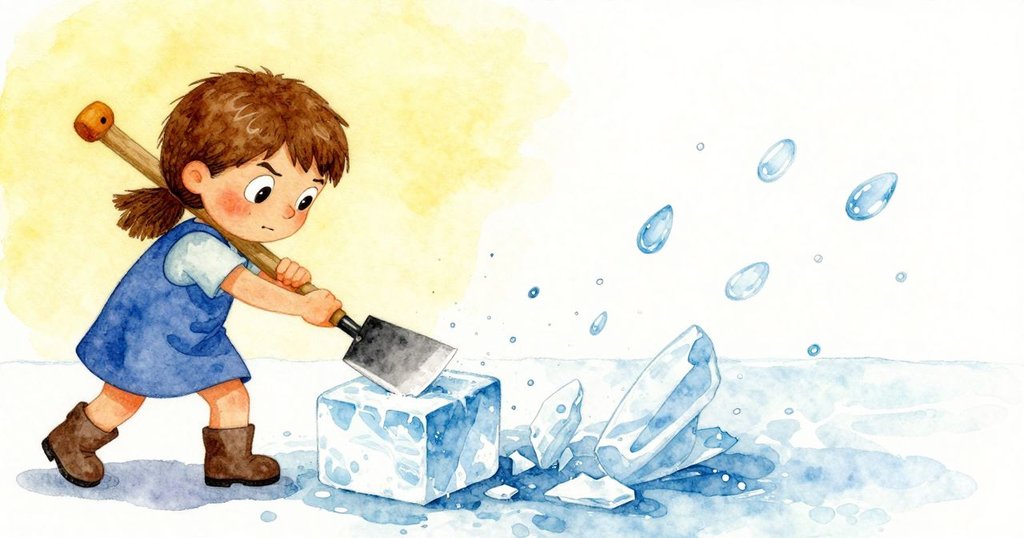 普魯用鑿子輕敲冰塊，一側展現敲擊動作，另一側聚焦於飛濺冰屑和水滴，充滿動感。