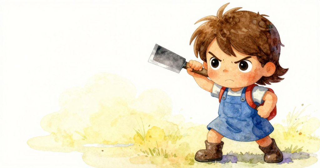 普魯臉上流露出緊張，身體稍微失衡彎曲膝蓋穩定自己，柔和夕陽映照下，庭院邊緣呈現陰影。