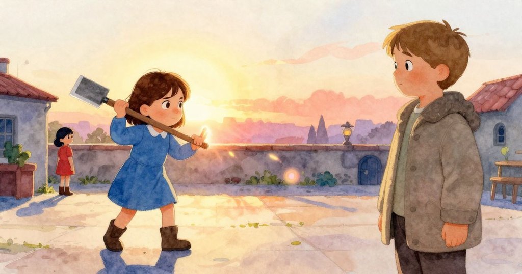 普魯最後一擊冰塊上發光的缺口，夕陽餘暉中充滿決心，背景中霍利斯靜靜注視，畫面溫暖告別。