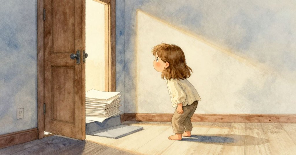 Grey 踏入半開的門進入摺紙室，燈光下灰塵飛舞，展示室內氛圍與溫暖期待