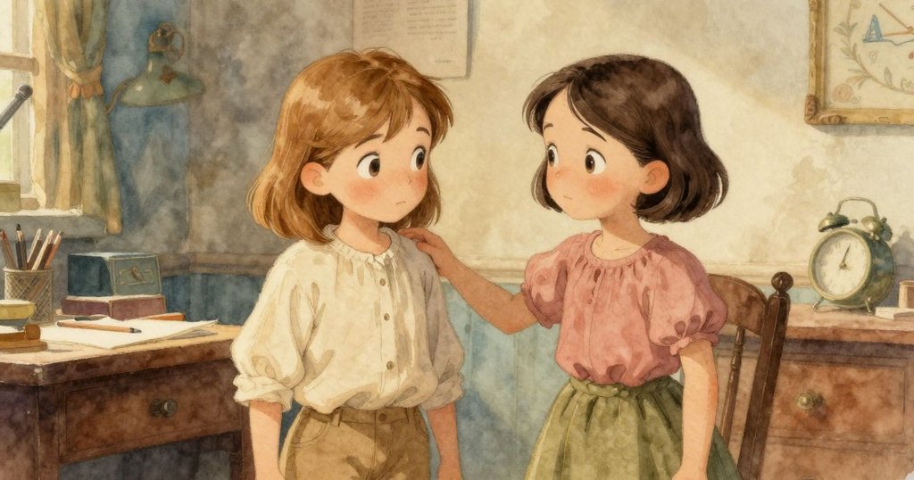 Grey與Zinnia在擺滿紙張的桌前輕觸肩膀，靜默中傳遞默契與專注，暖光環繞室內情景