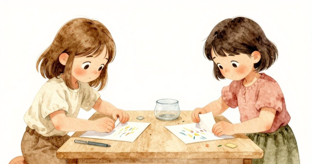 在桌面上，Grey專心摺紙，Zinnia將彩紙添入，水盤散落旁邊，整體氛圍充滿創造力與溫暖色調