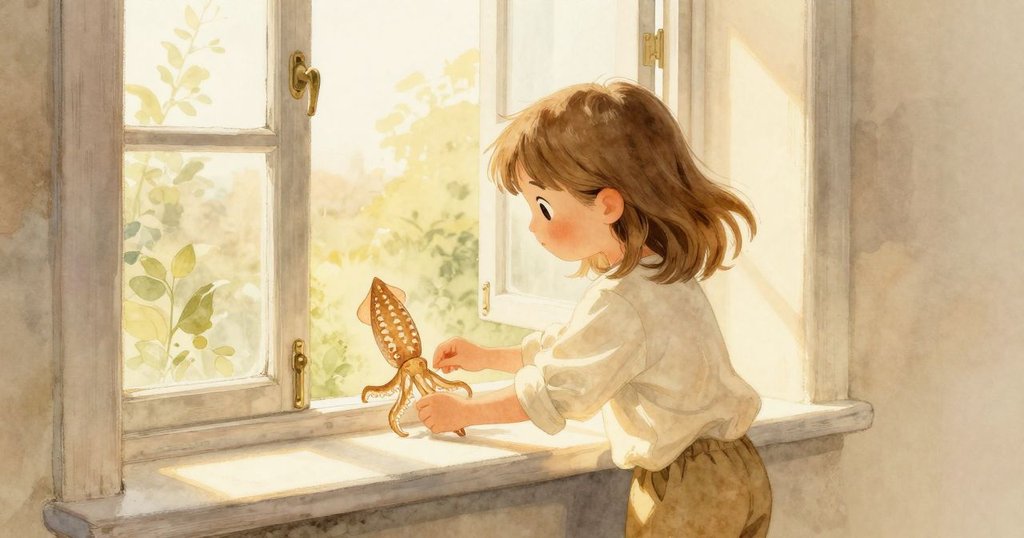 Grey將精緻摺紙墨魚放在窗台上，微風吹拂紙鰭，室內外寧靜流露著希望與安詳