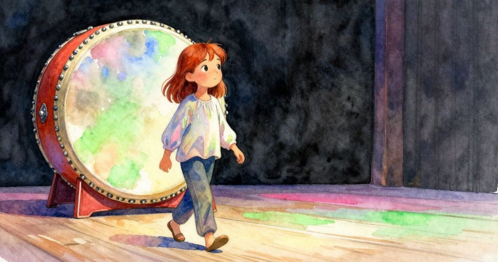 艾塔在曙光中走向大鼓,木質舞台與支柱清晰可見,展現新一天開始的堅定與希望。