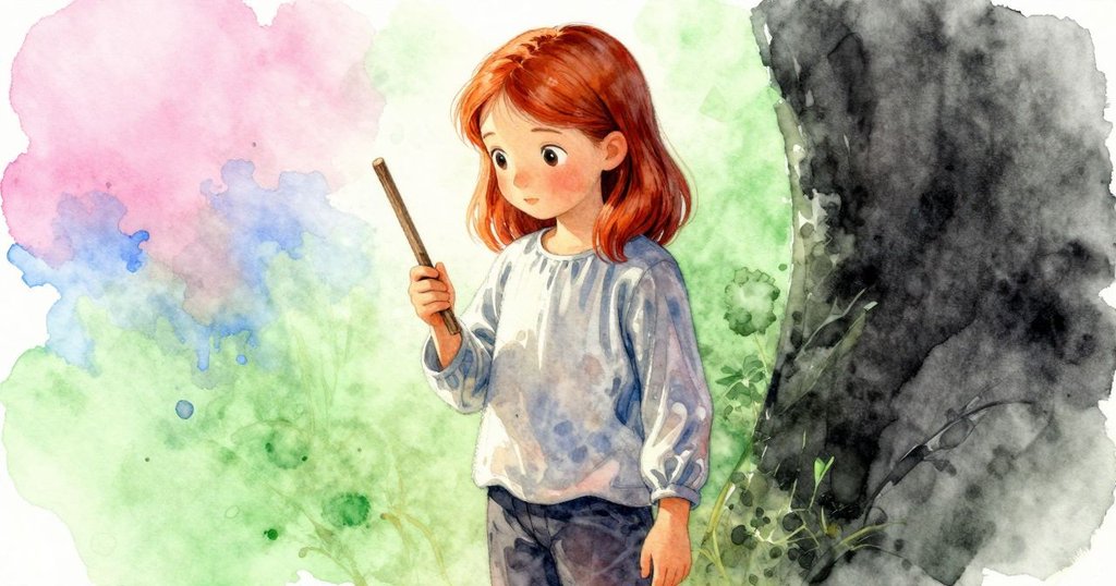 艾塔近距凝視木棒,臉上流露出好奇與懷念,柔和光線襯托出她微妙的情感變化。