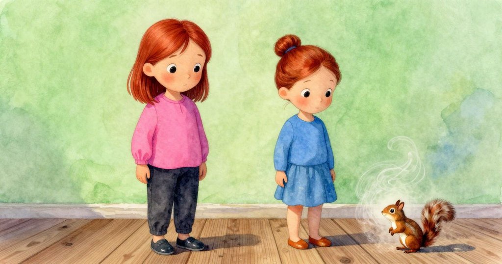 小松鼠從低角度觀察飄散的灰塵,木質地板與大鼓細節交織,展現探索場景中的溫暖奇趣。