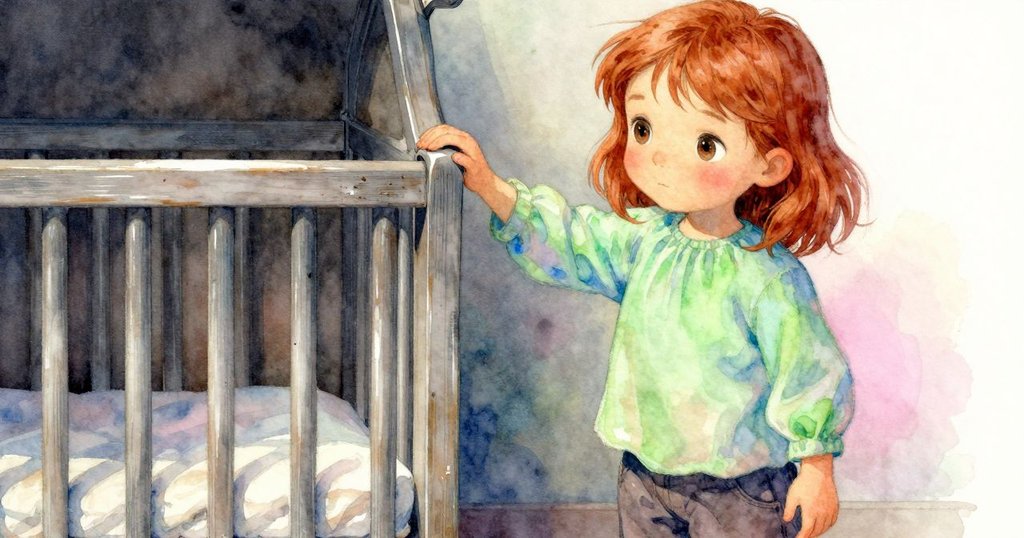 艾塔輕觸塵埃覆蓋的搖籃,指尖印記引發深邃回憶,懷舊光影映出過往的溫柔與缺席。