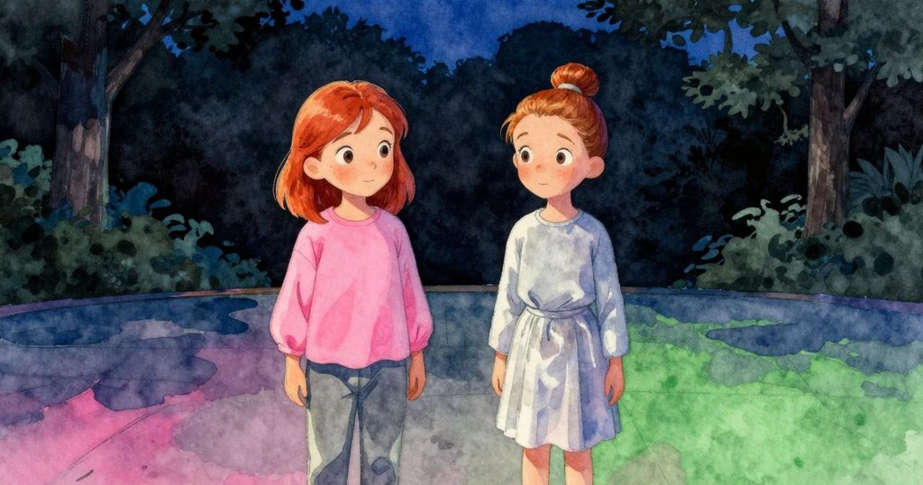 艾塔與格瑪在廣闊舞台上並肩而立,背景樹影幽暗,黃昏光輝與深邃陰影交織,展現堅定與共鳴。