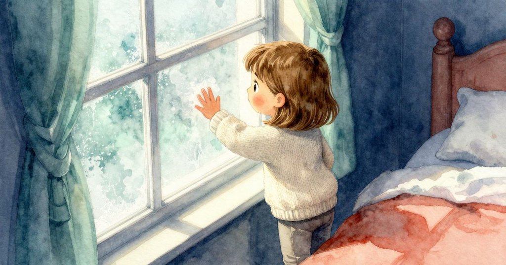 女孩在寬敞臥室中從上方看向窗戶,輕觸窗邊冰霜,臉上流露驚奇與期待之情