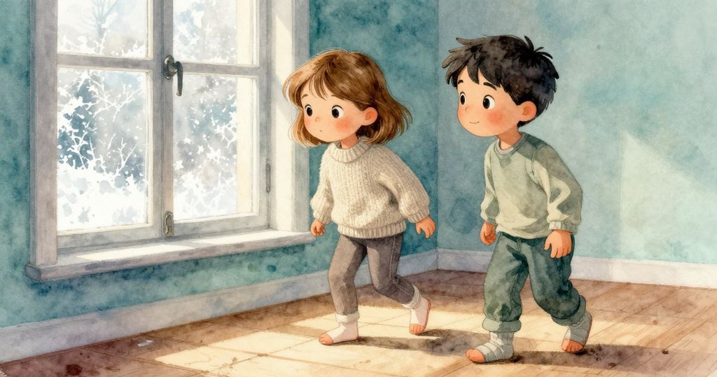 女孩穿毛襪輕踏老舊木地板,窗邊冰霜微顯,畫面溫馨且帶動感