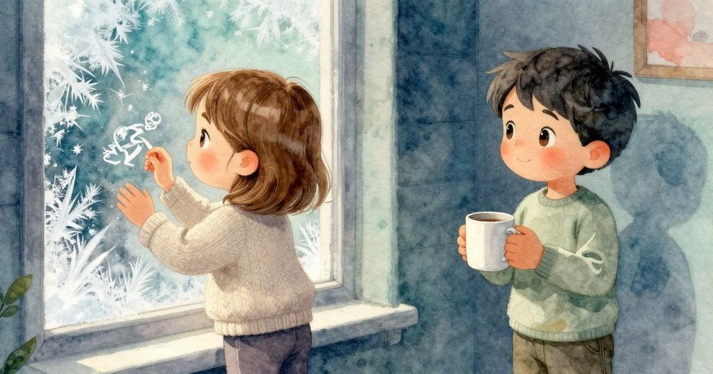 女孩輕觸冰霜紋理,男孩溫柔擺放暖杯,兩人各展情感,畫面呈現默契靜謐時刻